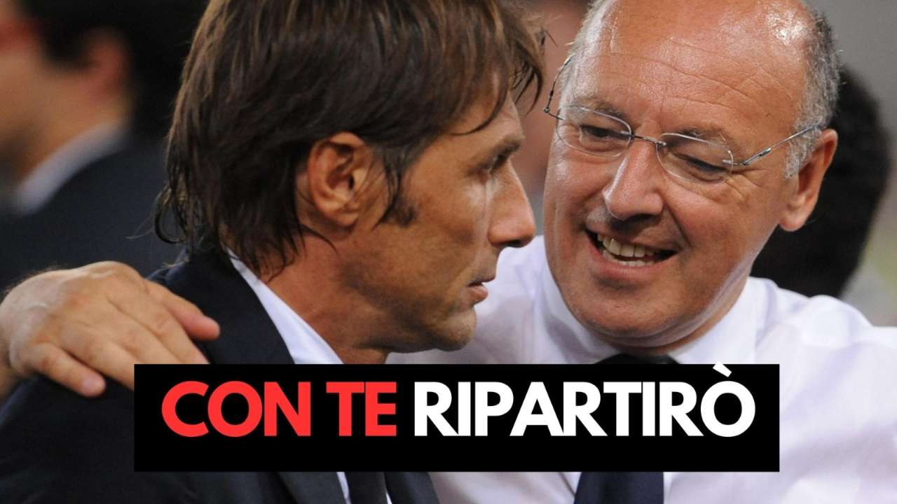 Antonio Conte e Beppe Marotta sorridono in campo - foto ANSA - JMania.it