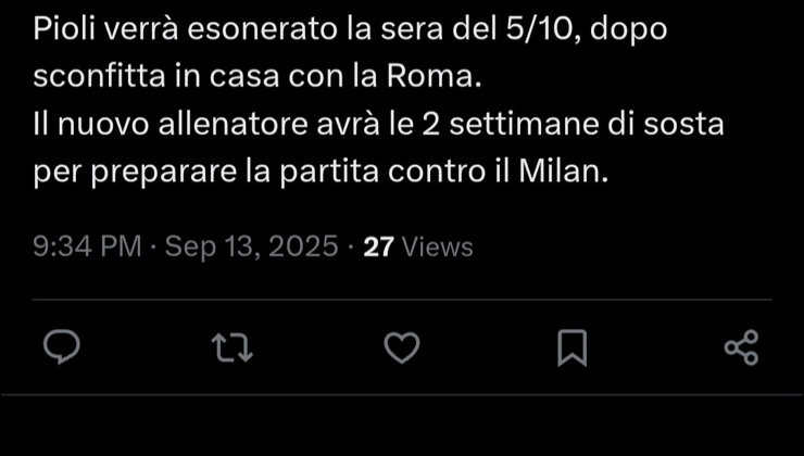Il tweet che riguarda Pioli - Screen X - Jmania.it