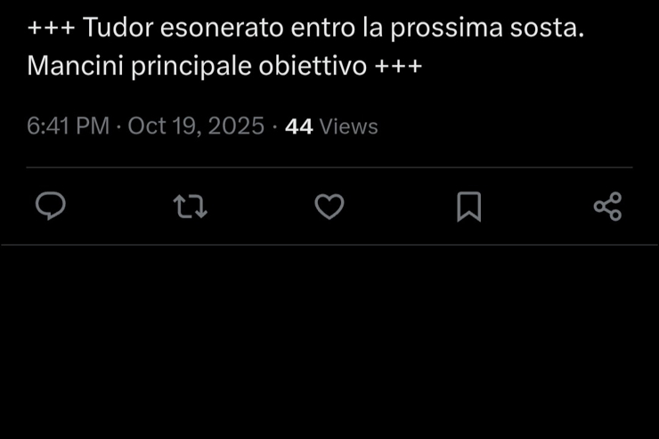 Il tweet che riguarda l'esonero di Igor Tudor - Screen X - Jmania.it
