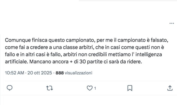 Un utente su X sostiene che il campionato sia falsato